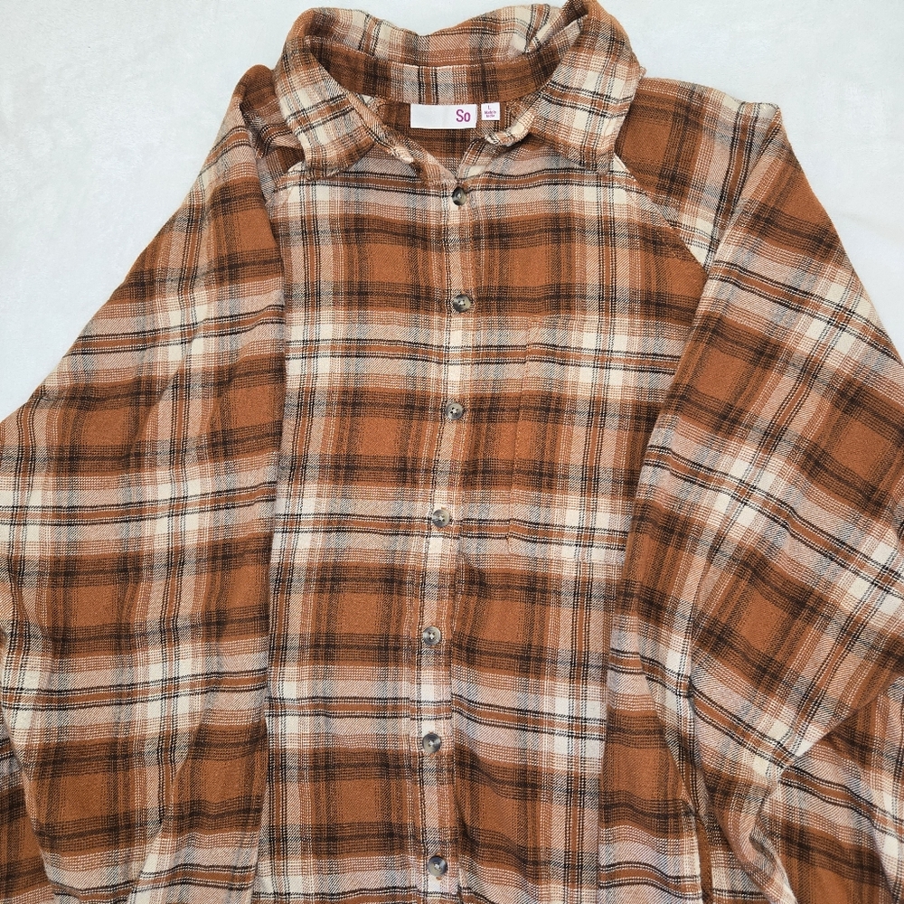 SO Ladies Casual  High Low Plaid Flannel Shirt